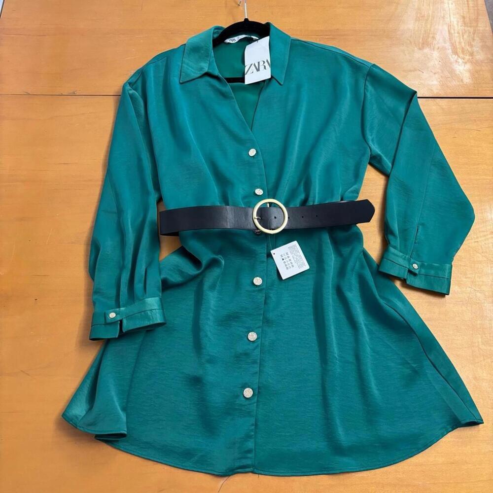 Zara Blue Long Sleeve Shirt Dress with Notched Collar for Casual Work